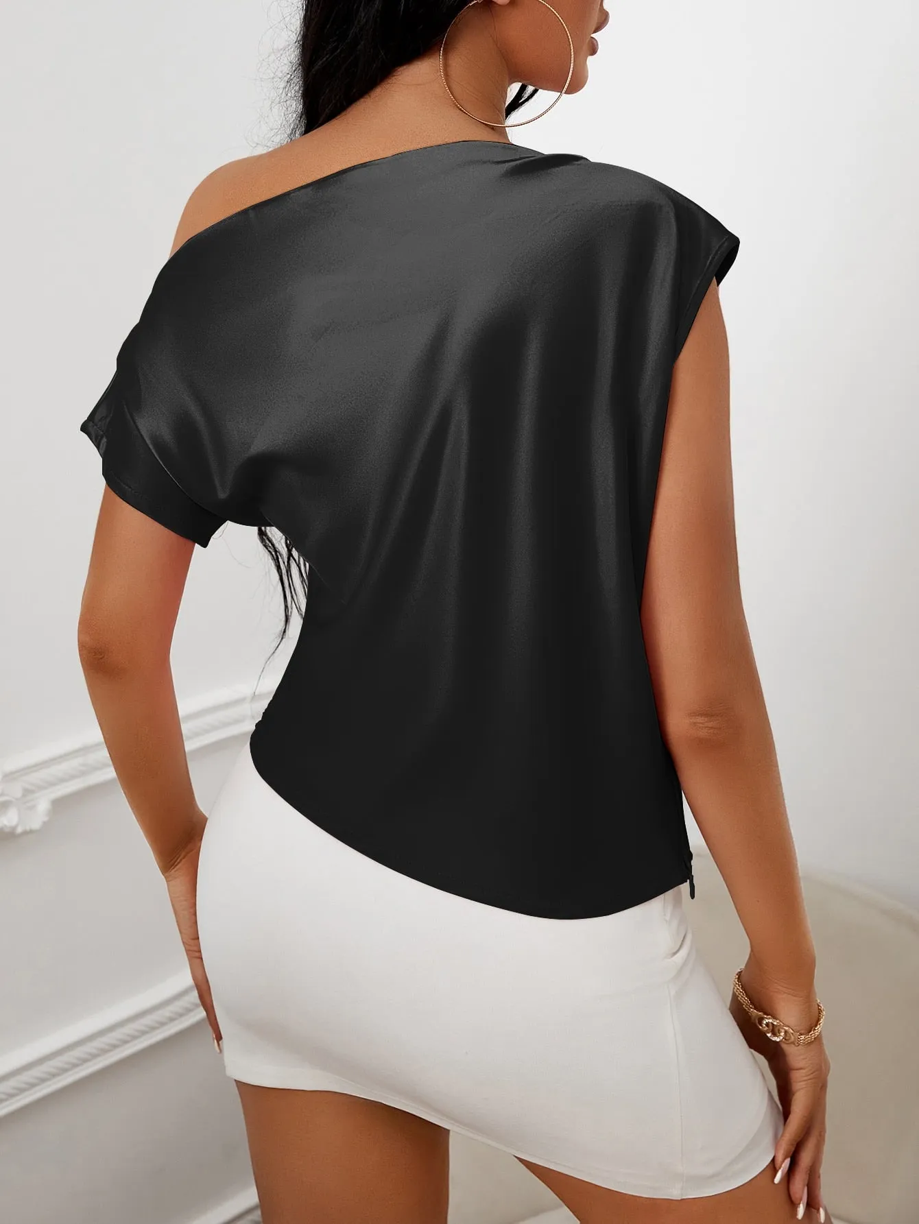 April Baker Asymmetrical Neck Ruched Satin Blouse