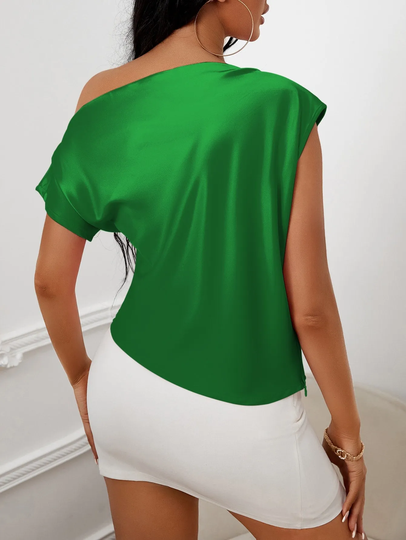 April Baker Asymmetrical Neck Ruched Satin Blouse