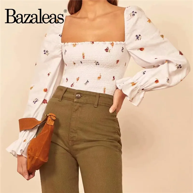 Bazaleas harajuku Elastic shirt Vintage Flare Sleeve Blouse Chic Cute