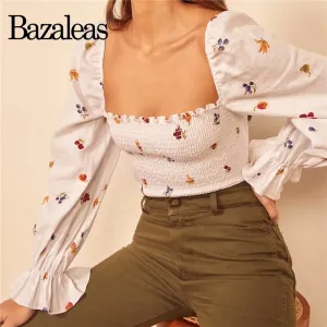 Bazaleas harajuku Elastic shirt Vintage Flare Sleeve Blouse Chic Cute
