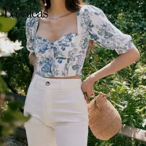 Bazaleas Vintage Blue Floral Print Blouse Chic Half Sleeve ropa mujer