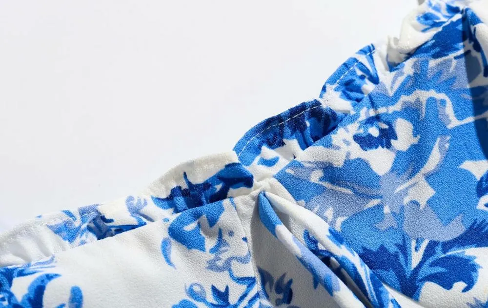 Bazaleas Vintage Blue Floral Print Blouse Chic Half Sleeve ropa mujer