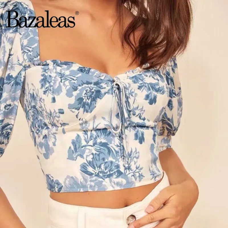 Bazaleas Vintage Blue Floral Print Blouse Chic Half Sleeve ropa mujer