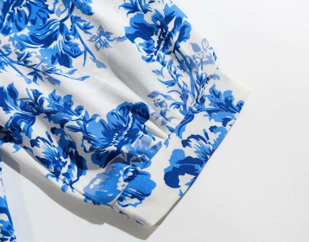Bazaleas Vintage Blue Floral Print Blouse Chic Half Sleeve ropa mujer