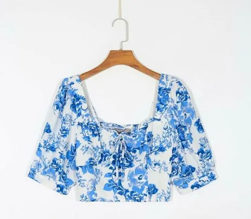 Bazaleas Vintage Blue Floral Print Blouse Chic Half Sleeve ropa mujer