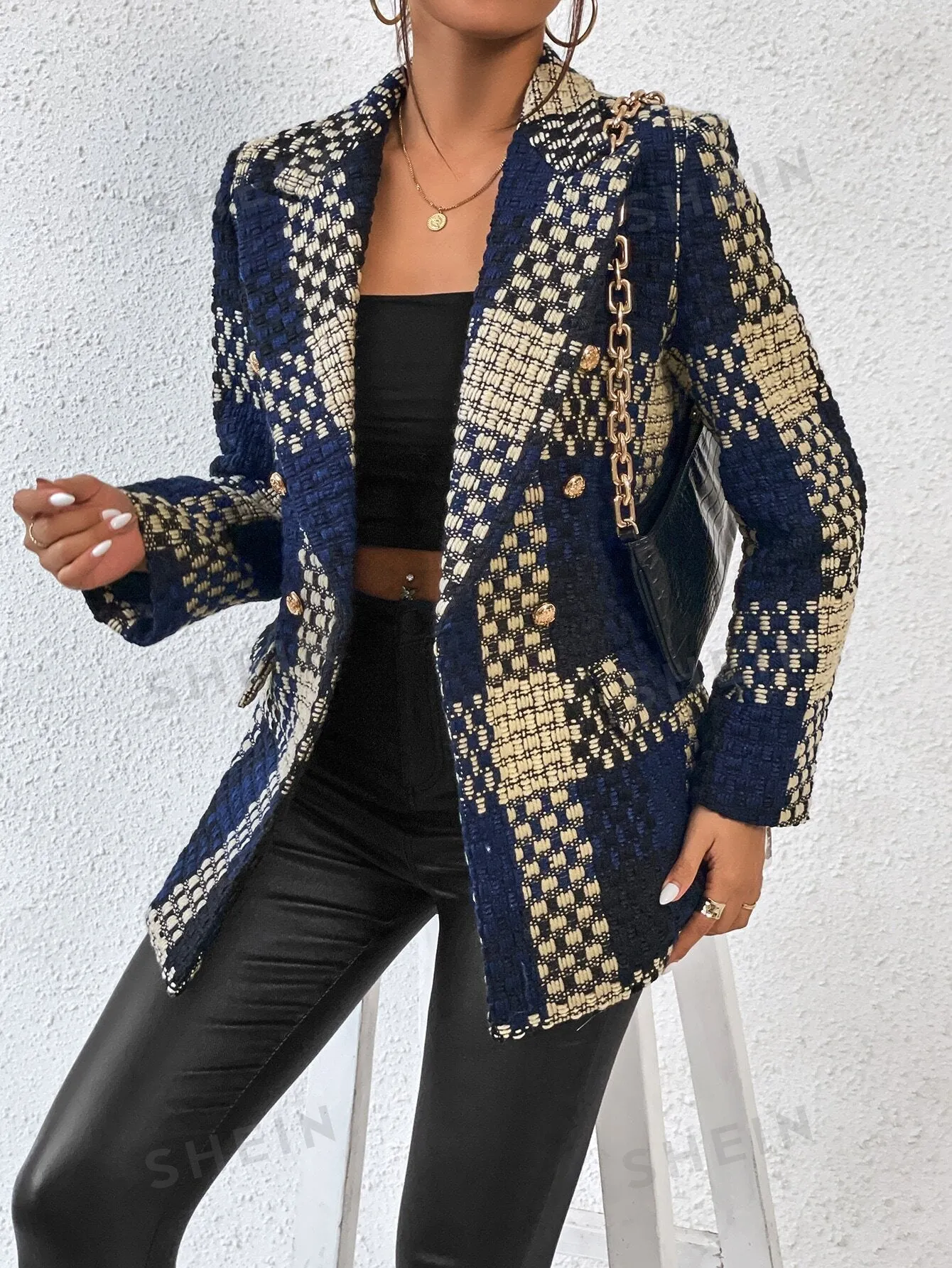 BIZwear Plaid Print Lapel Neck Blazer Workwear
