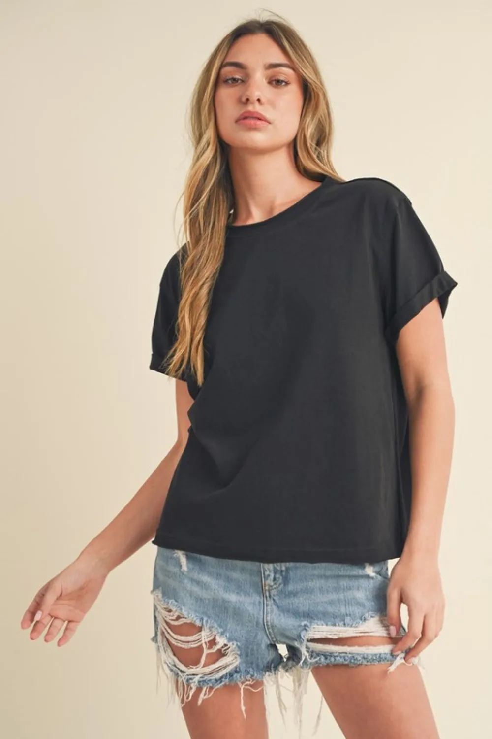 Black Exposed Seam Round Neck Short Sleeve T-Shirt