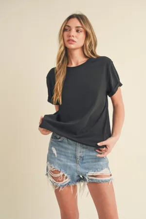 Black Exposed Seam Round Neck Short Sleeve T-Shirt