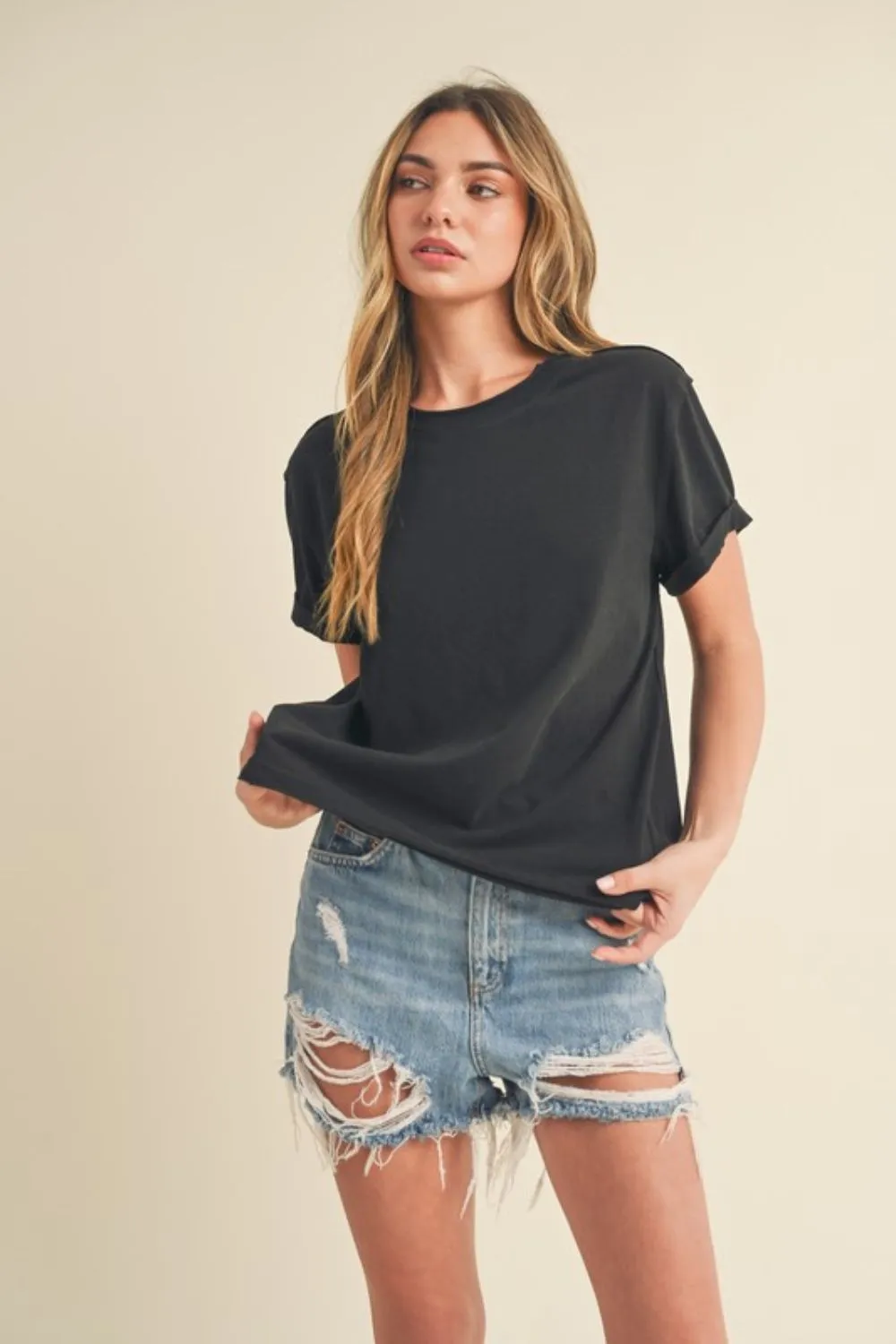 Black Exposed Seam Round Neck Short Sleeve T-Shirt