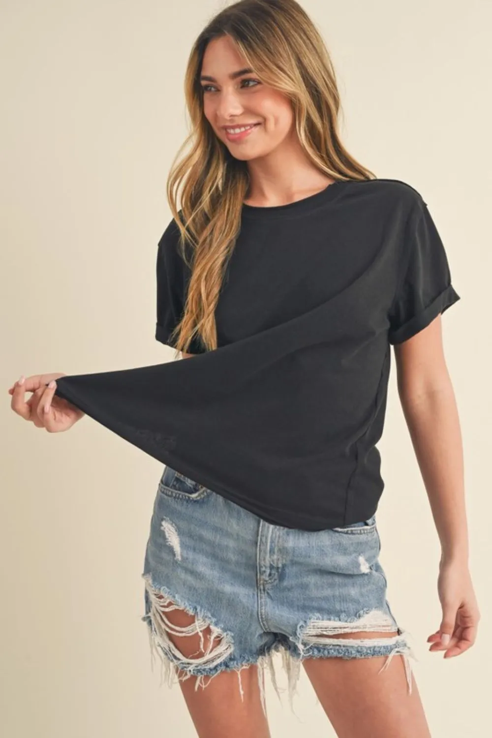Black Exposed Seam Round Neck Short Sleeve T-Shirt