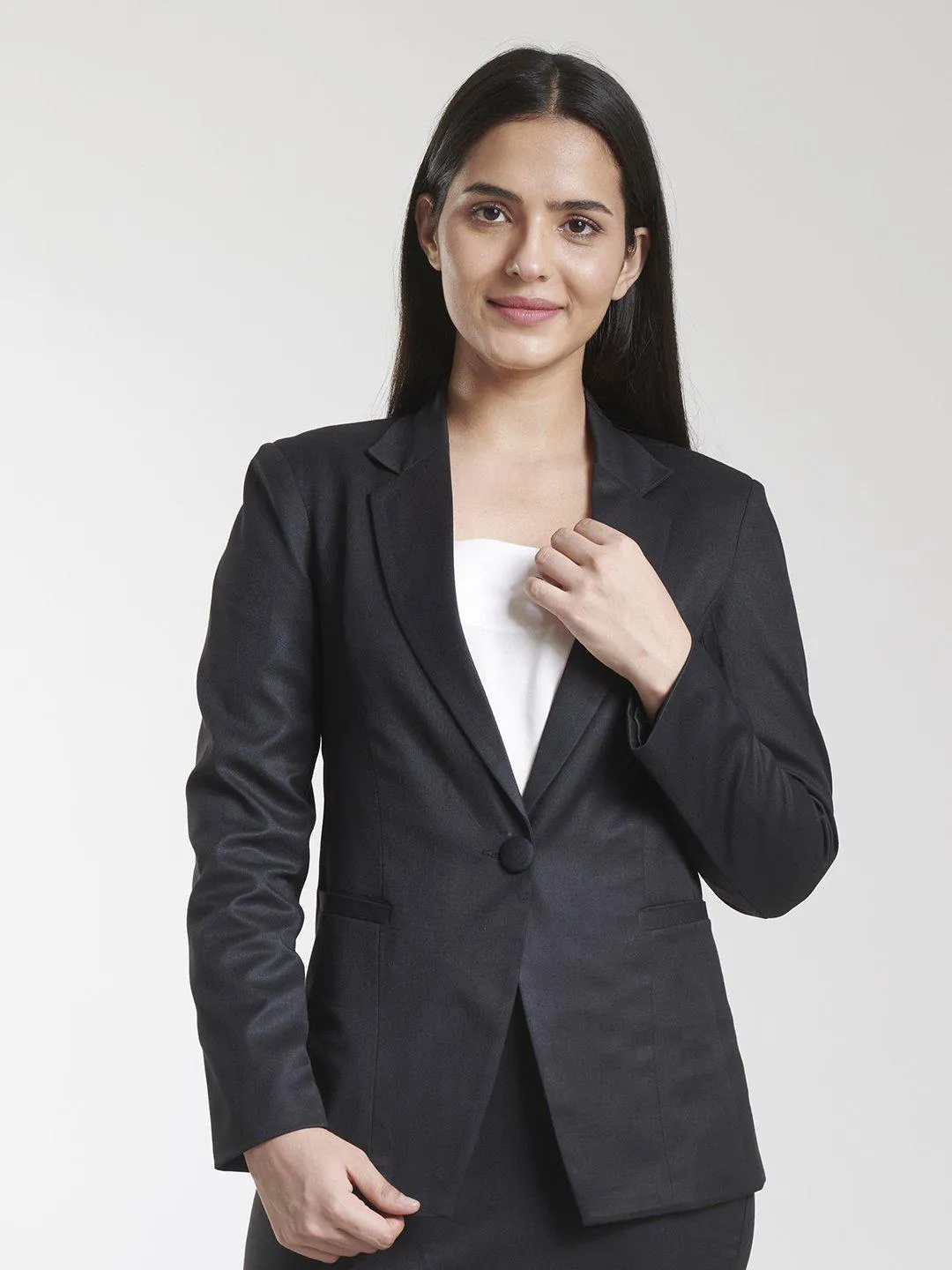 Black Poly Cotton Blend Polyester Single Button Blazer