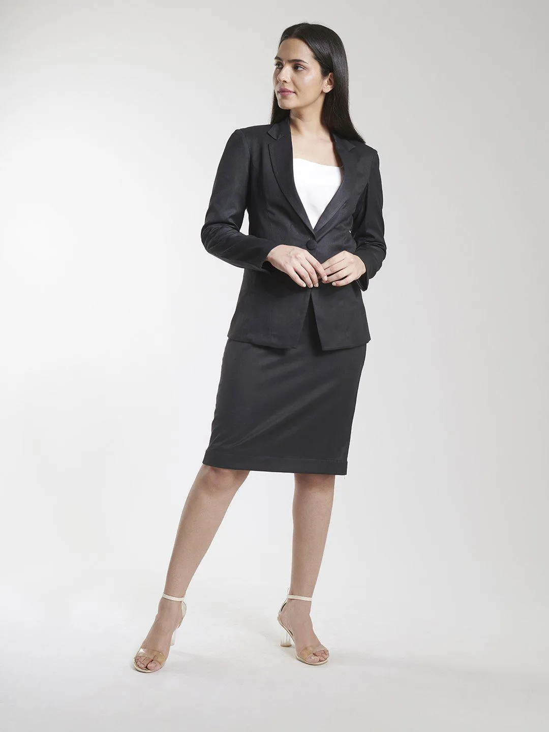 Black Poly Cotton Blend Polyester Single Button Blazer
