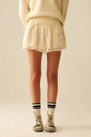 Cream Embroidered Shorts With Sequins