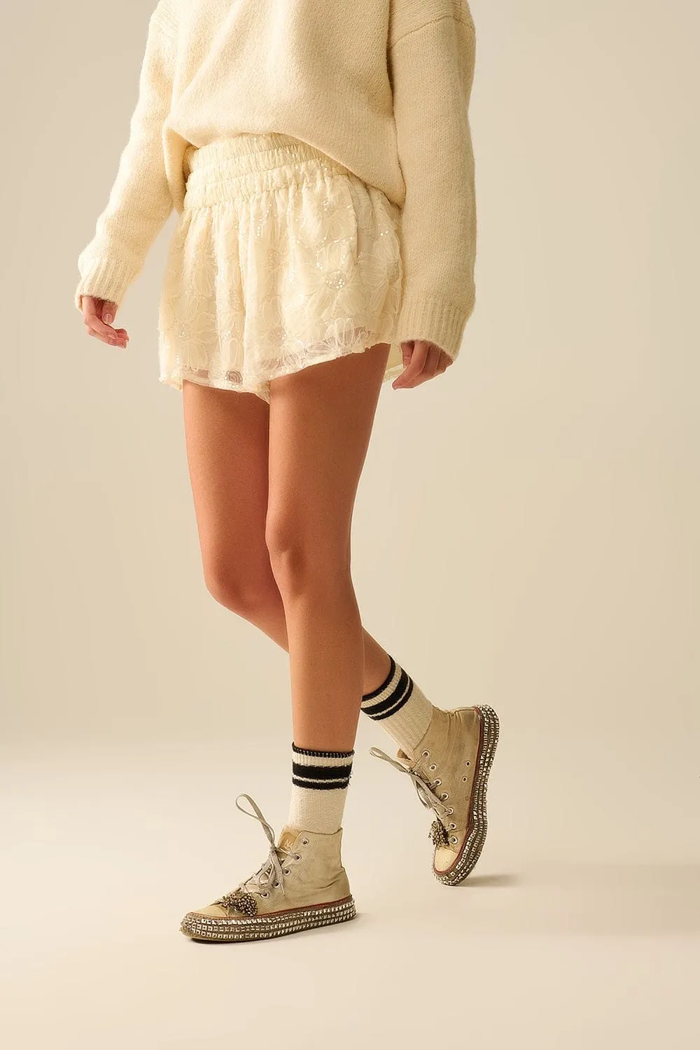 Cream Embroidered Shorts With Sequins