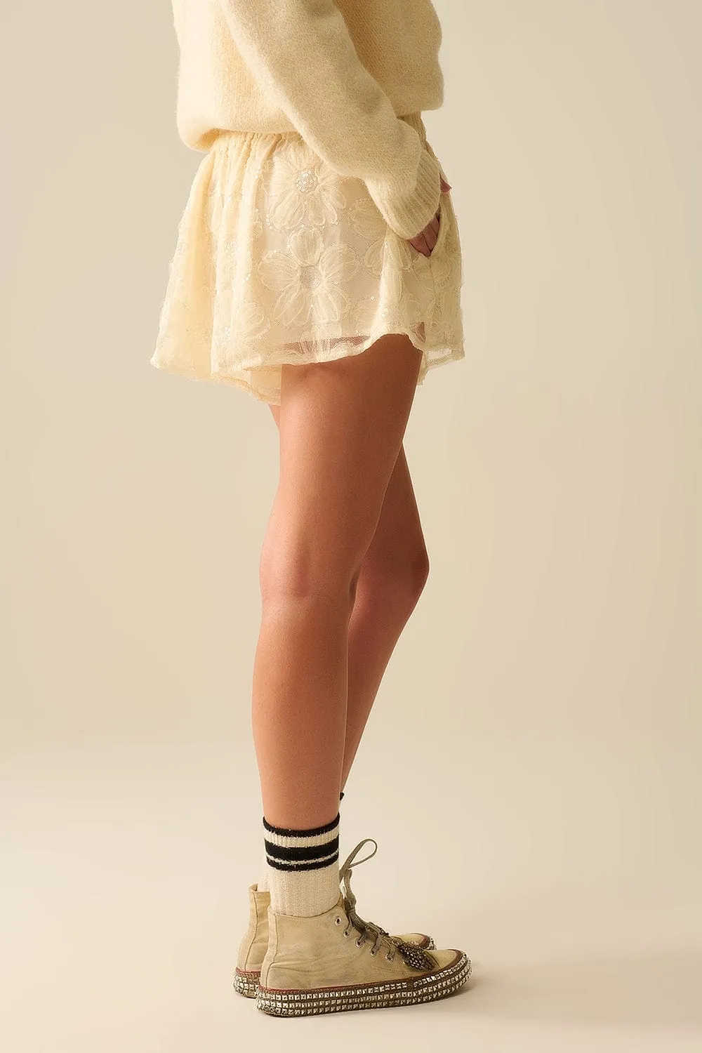 Cream Embroidered Shorts With Sequins