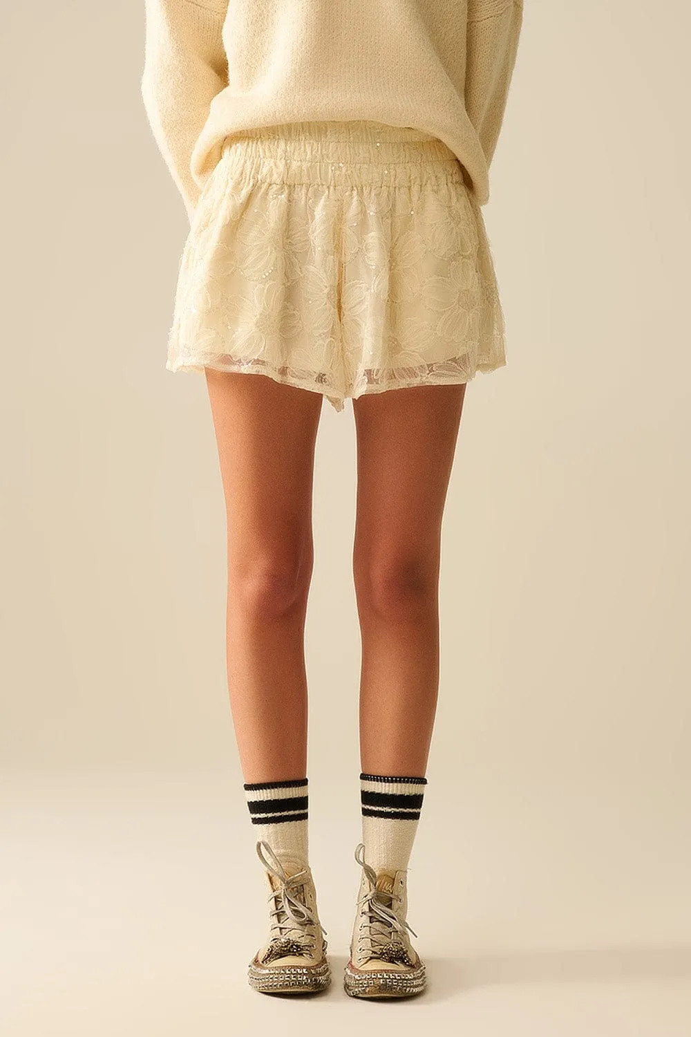 Cream Embroidered Shorts With Sequins