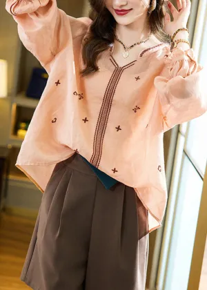 Cute Pink V Neck Cozy Linen T Shirts Spring LY6223
