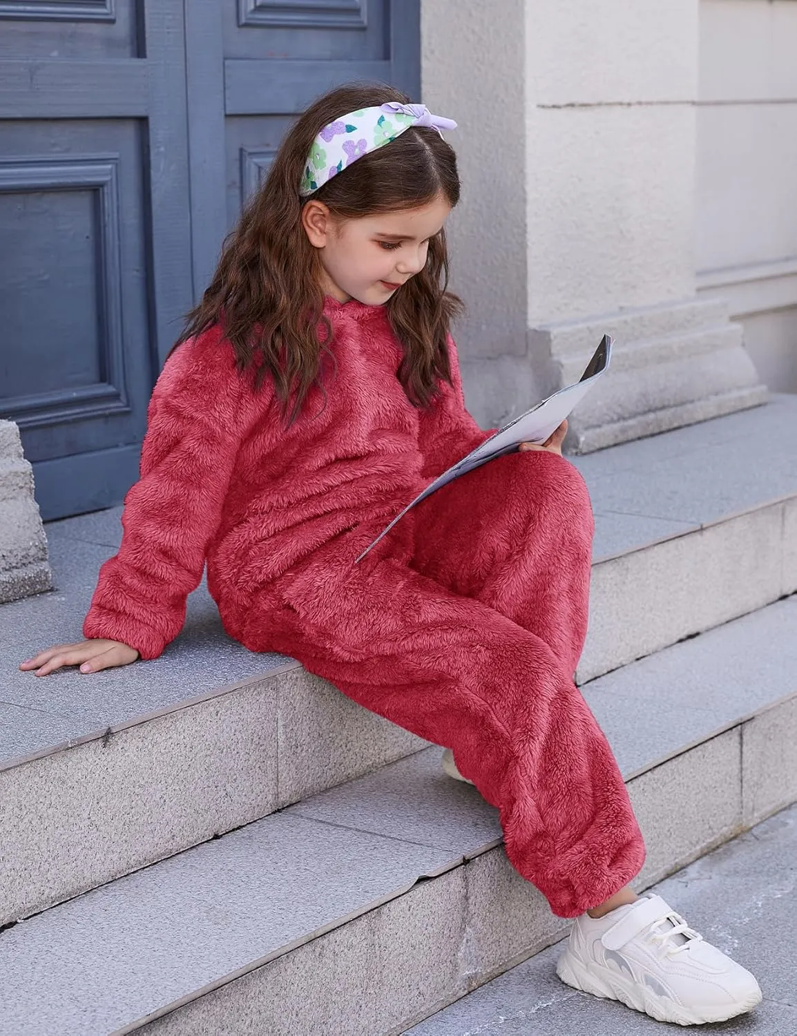 Flygo Girls Fuzzy Pants Set Crop Hoodie Bear Ear Two Piece Outfits Fluffy Sweatshirt and Fleece Pants Sweatsuit