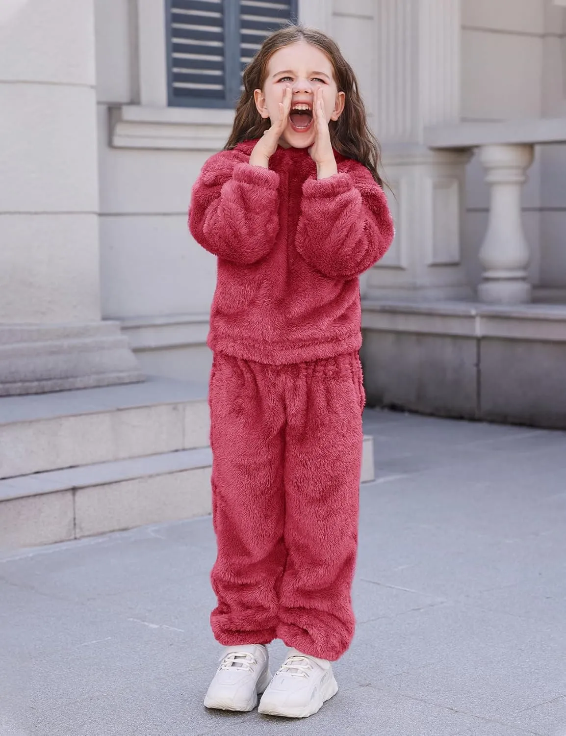 Flygo Girls Fuzzy Pants Set Crop Hoodie Bear Ear Two Piece Outfits Fluffy Sweatshirt and Fleece Pants Sweatsuit