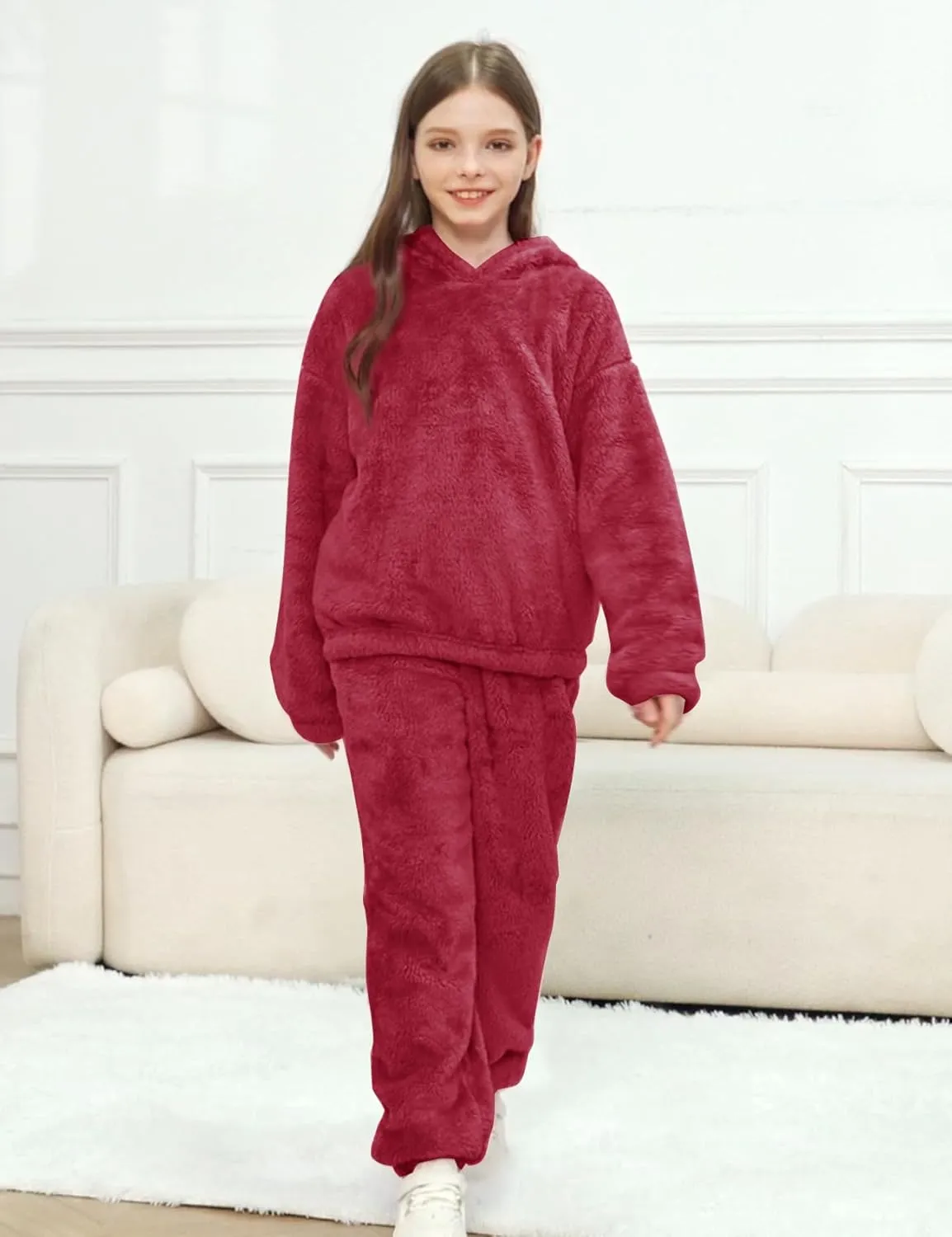Flygo Girls Fuzzy Pants Set Crop Hoodie Bear Ear Two Piece Outfits Fluffy Sweatshirt and Fleece Pants Sweatsuit