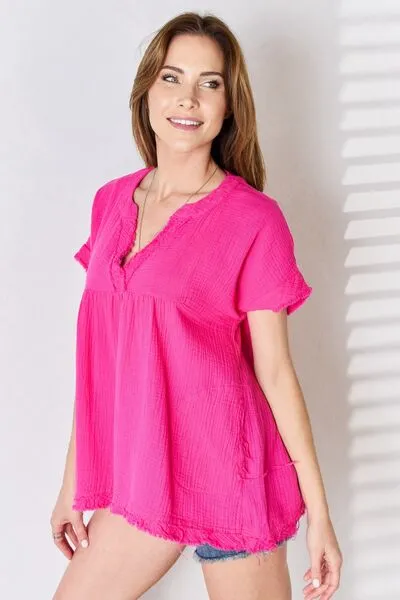 Full Size Raw Hem Short Sleeve Top