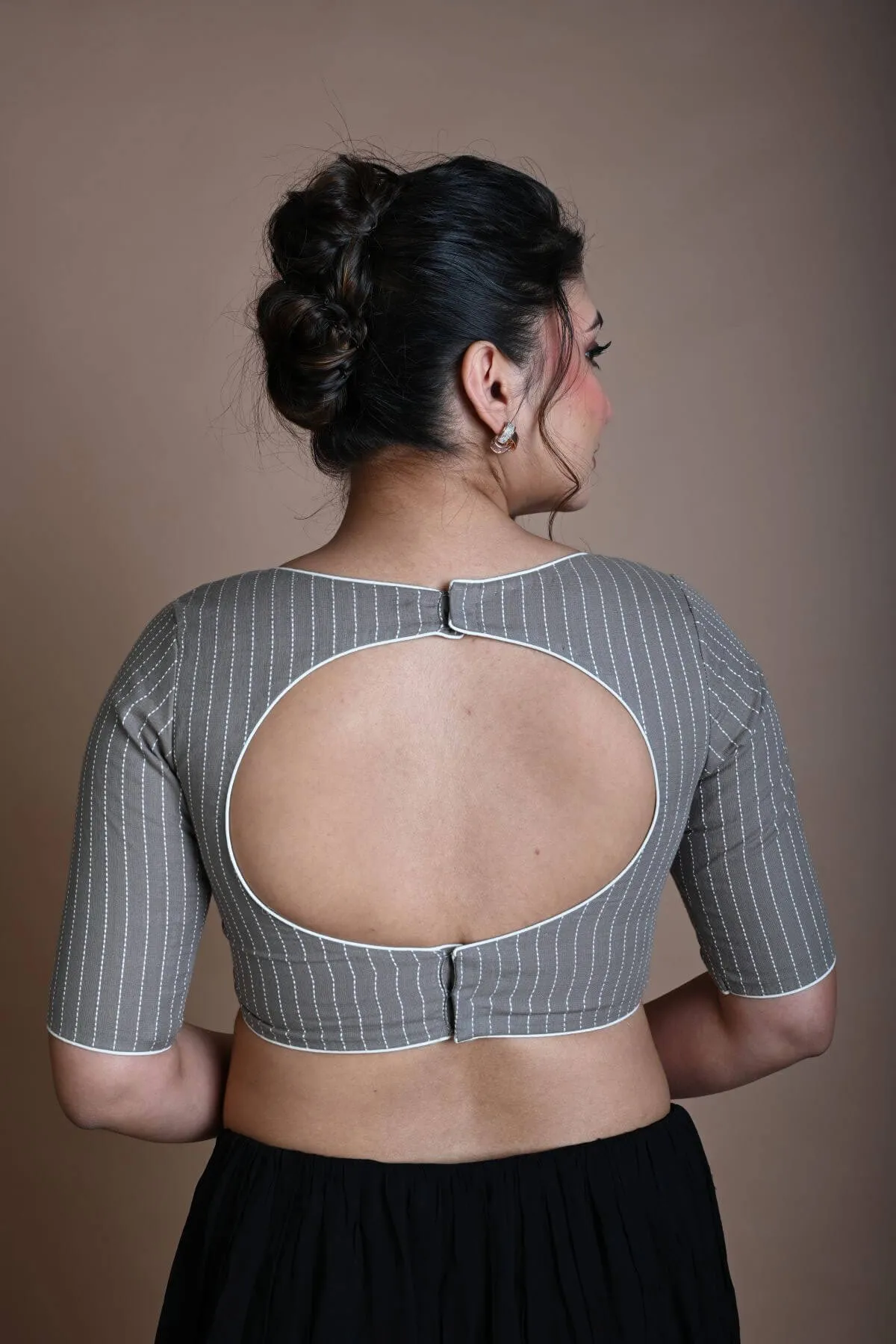Grey Cotton Blouse with Half Sleeves and Back Circle Cutout