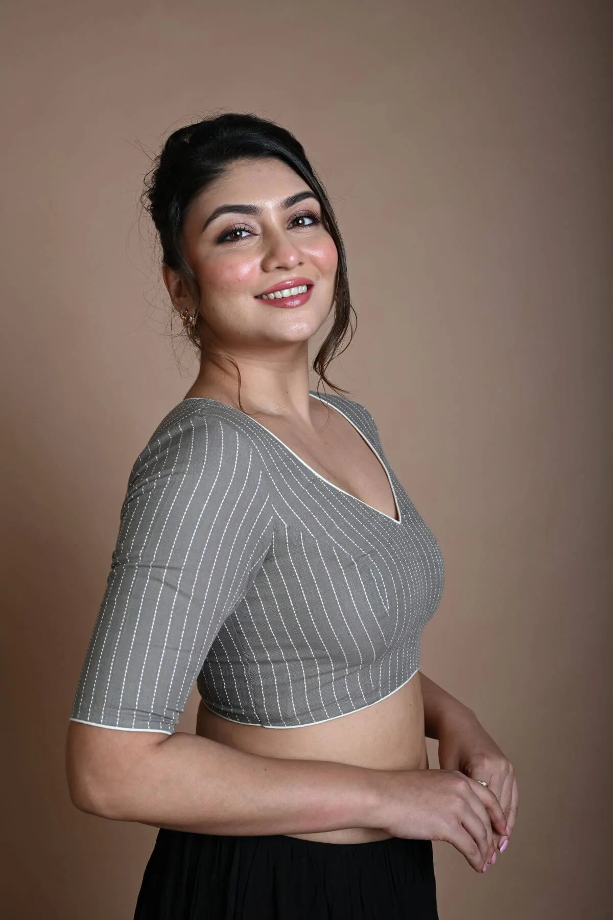 Grey Cotton Blouse with Half Sleeves and Back Circle Cutout