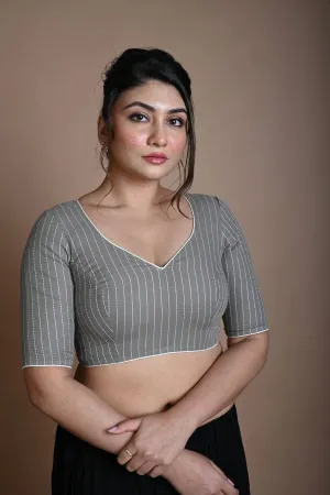 Grey Cotton Blouse with Half Sleeves and Back Circle Cutout