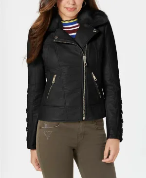 GUESS Faux-Fur-Collar Faux-Leather Jacket  22LMU110 Size S