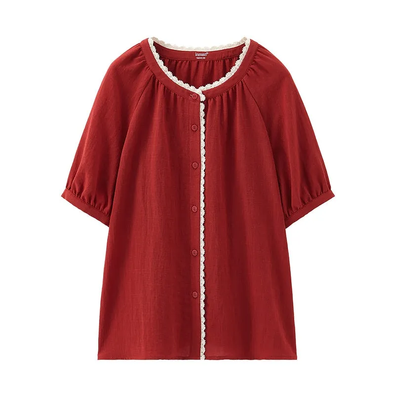 INMAN Summer Women's Top Retro Literary Style Stitching Lace