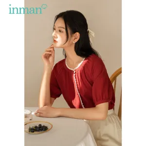 INMAN Summer Women's Top Retro Literary Style Stitching Lace