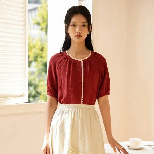 INMAN Summer Women's Top Retro Literary Style Stitching Lace
