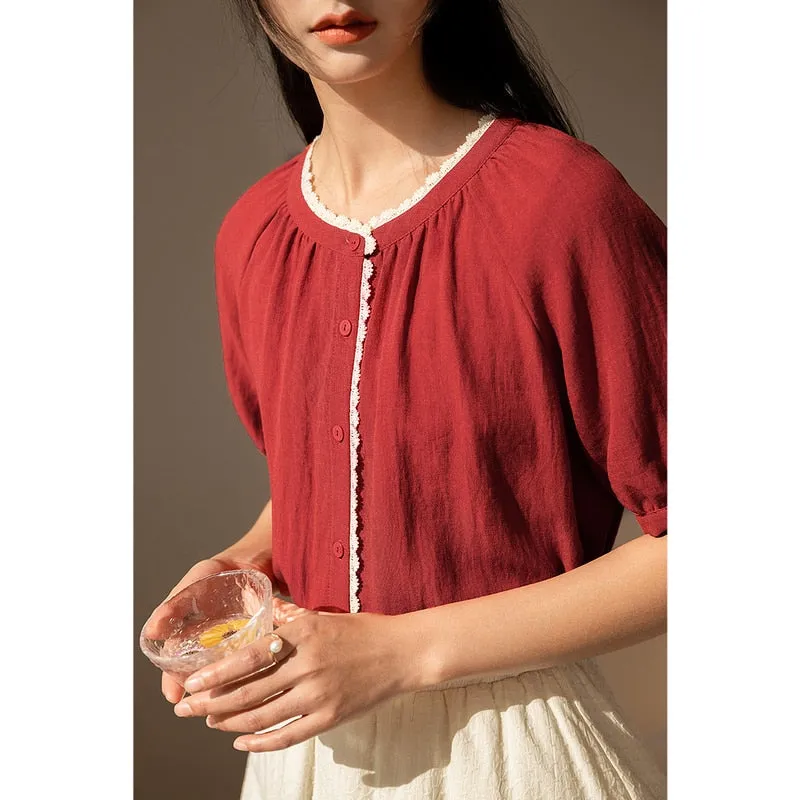 INMAN Summer Women's Top Retro Literary Style Stitching Lace