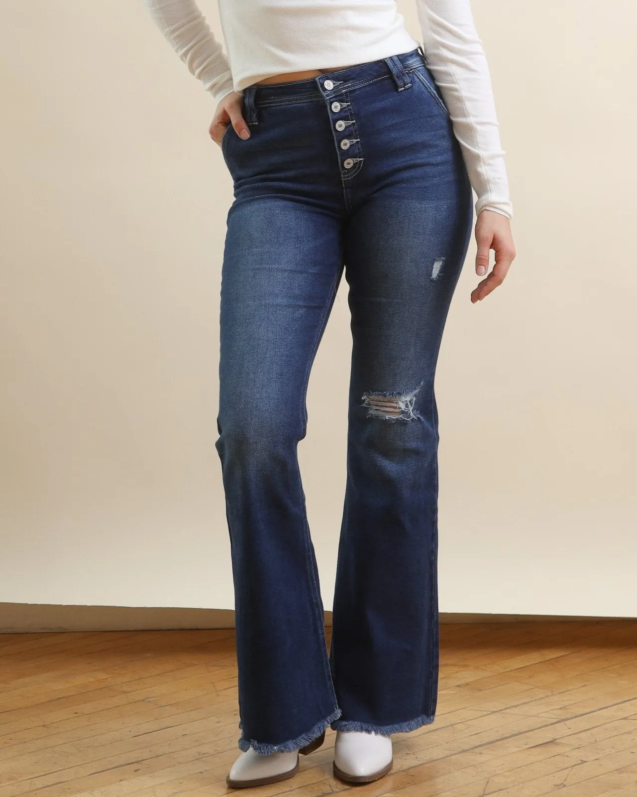KanCan Dark Wash Button Fly Flare Jeans