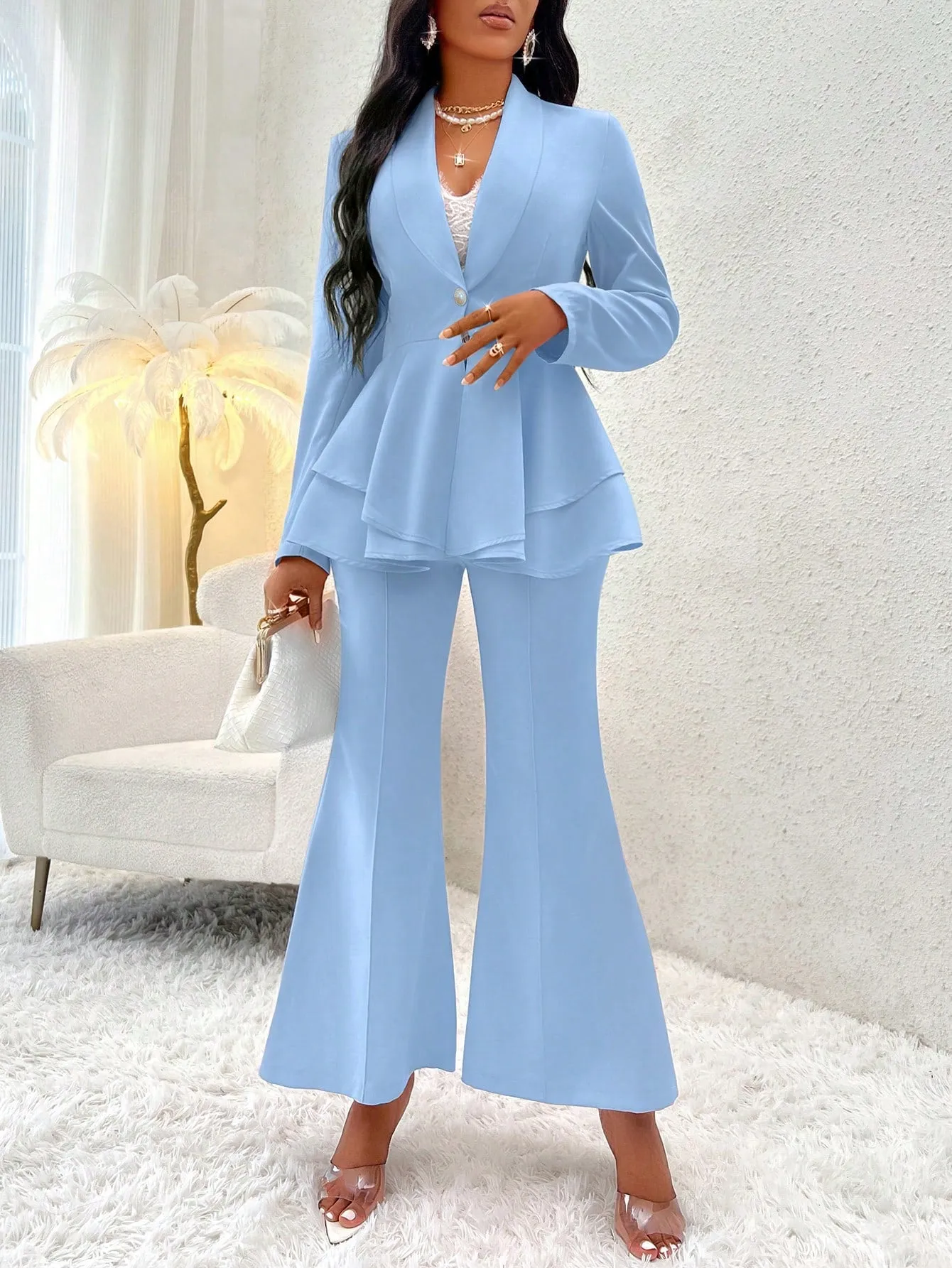 Lady Shawl Collar Layer Hem Single Button Peplum Blazer