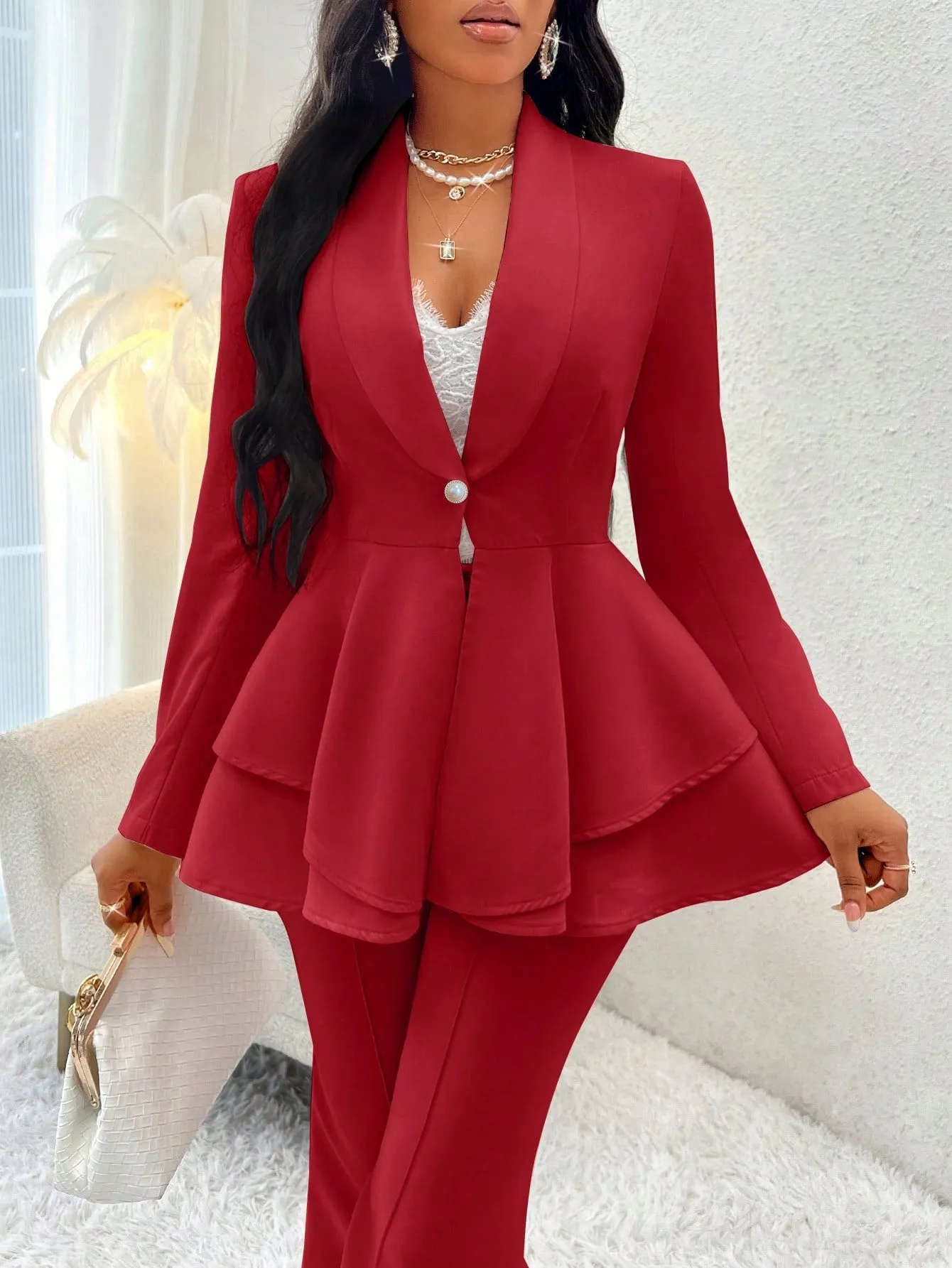 Lady Shawl Collar Layer Hem Single Button Peplum Blazer