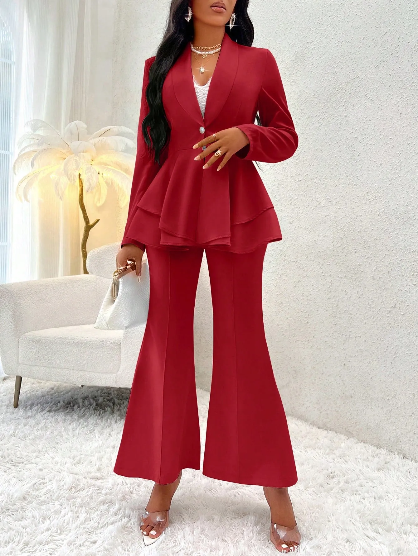 Lady Shawl Collar Layer Hem Single Button Peplum Blazer