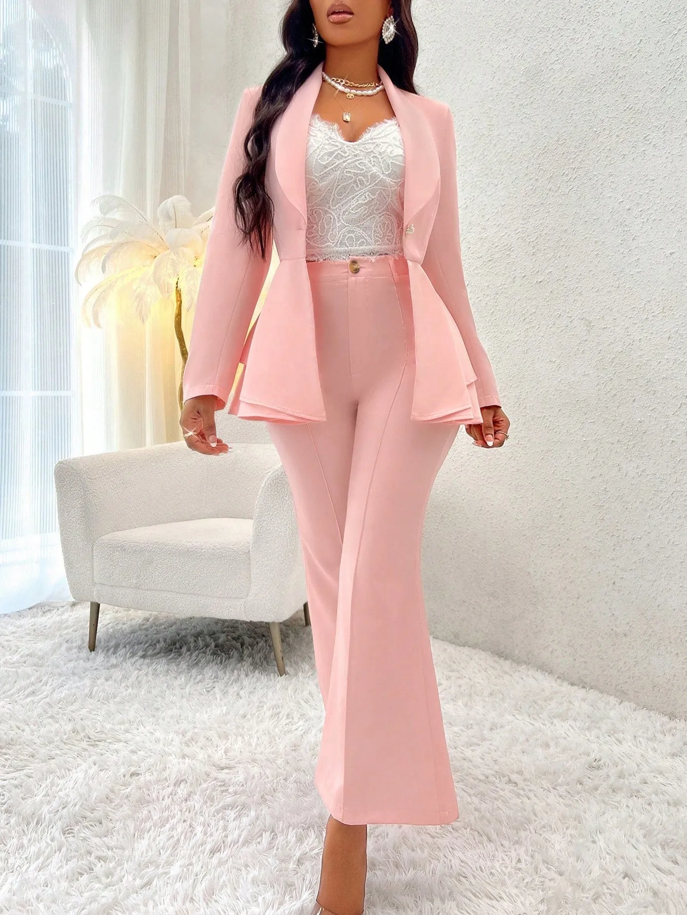 Lady Shawl Collar Layer Hem Single Button Peplum Blazer