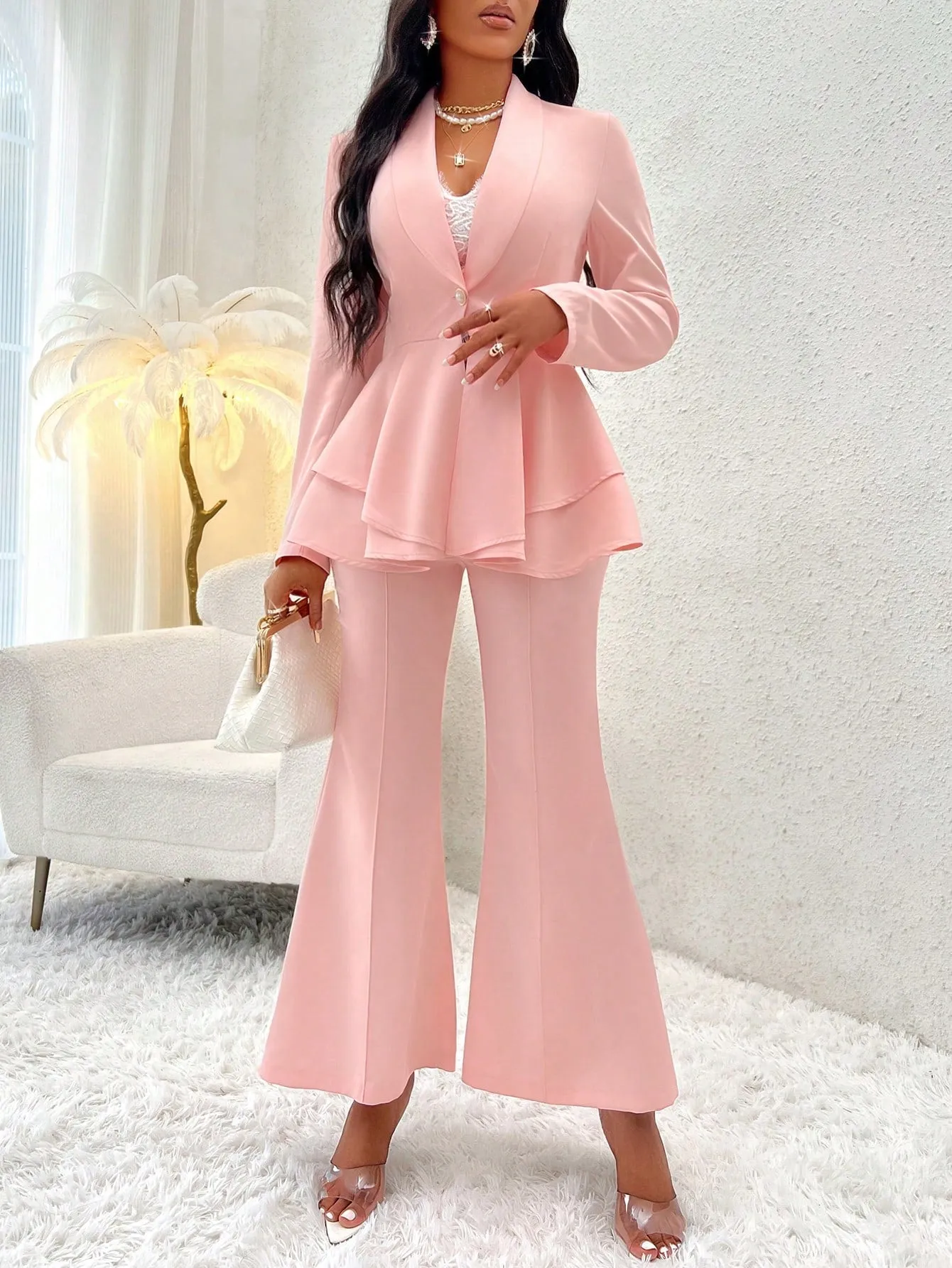 Lady Shawl Collar Layer Hem Single Button Peplum Blazer