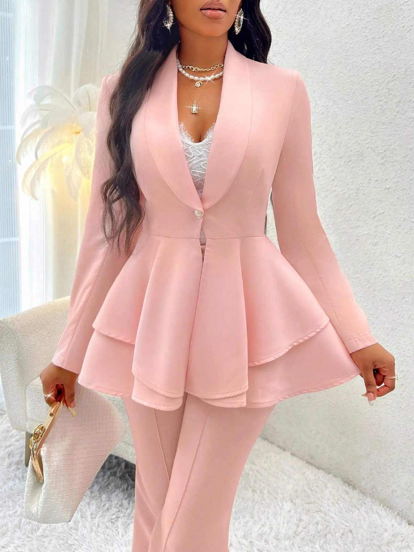 Lady Shawl Collar Layer Hem Single Button Peplum Blazer