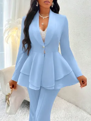 Lady Shawl Collar Layer Hem Single Button Peplum Blazer