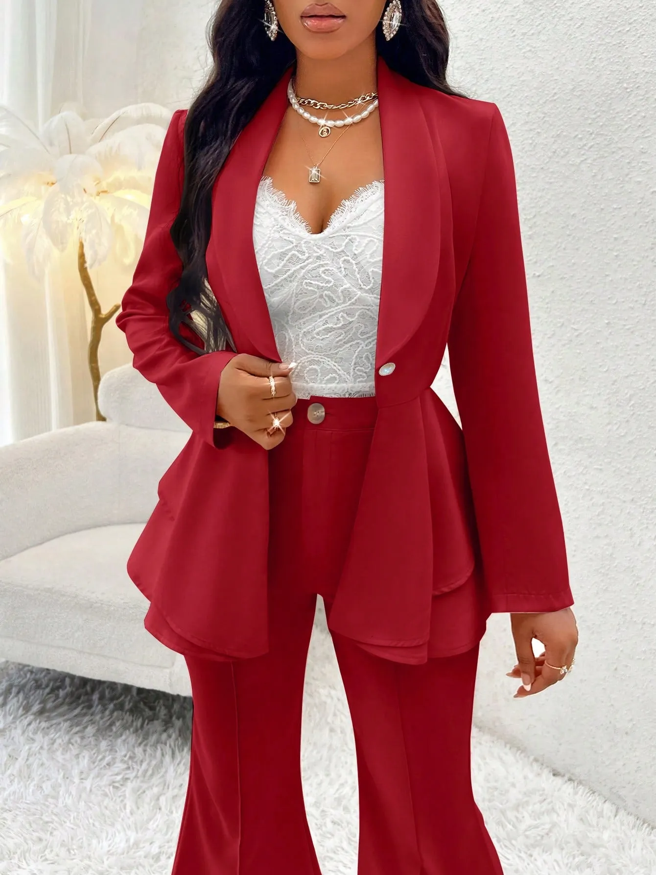Lady Shawl Collar Layer Hem Single Button Peplum Blazer