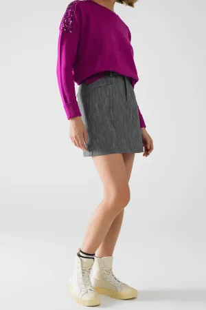 Leatherette Straight Mini Skirt In Grey With Pockets