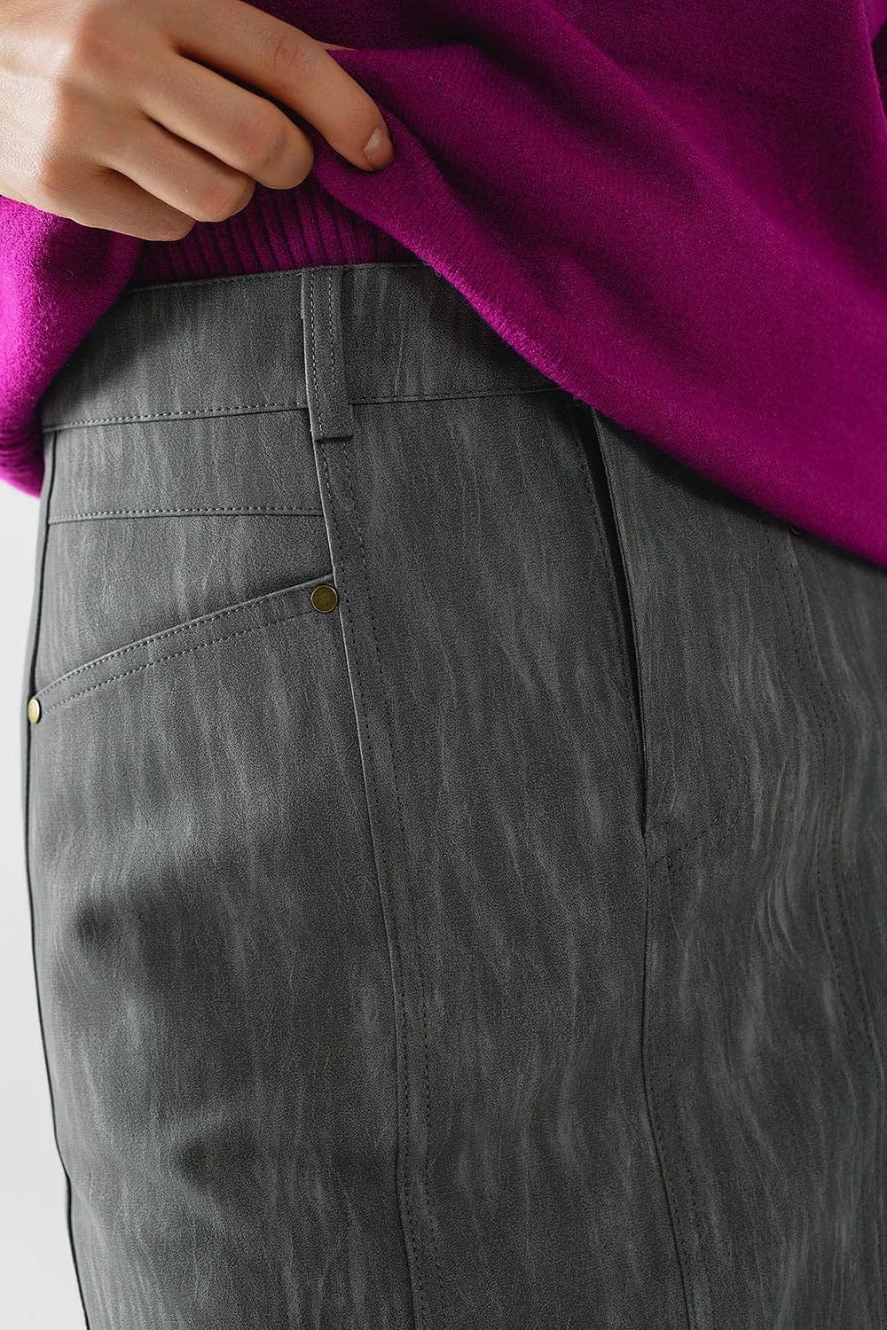 Leatherette Straight Mini Skirt In Grey With Pockets