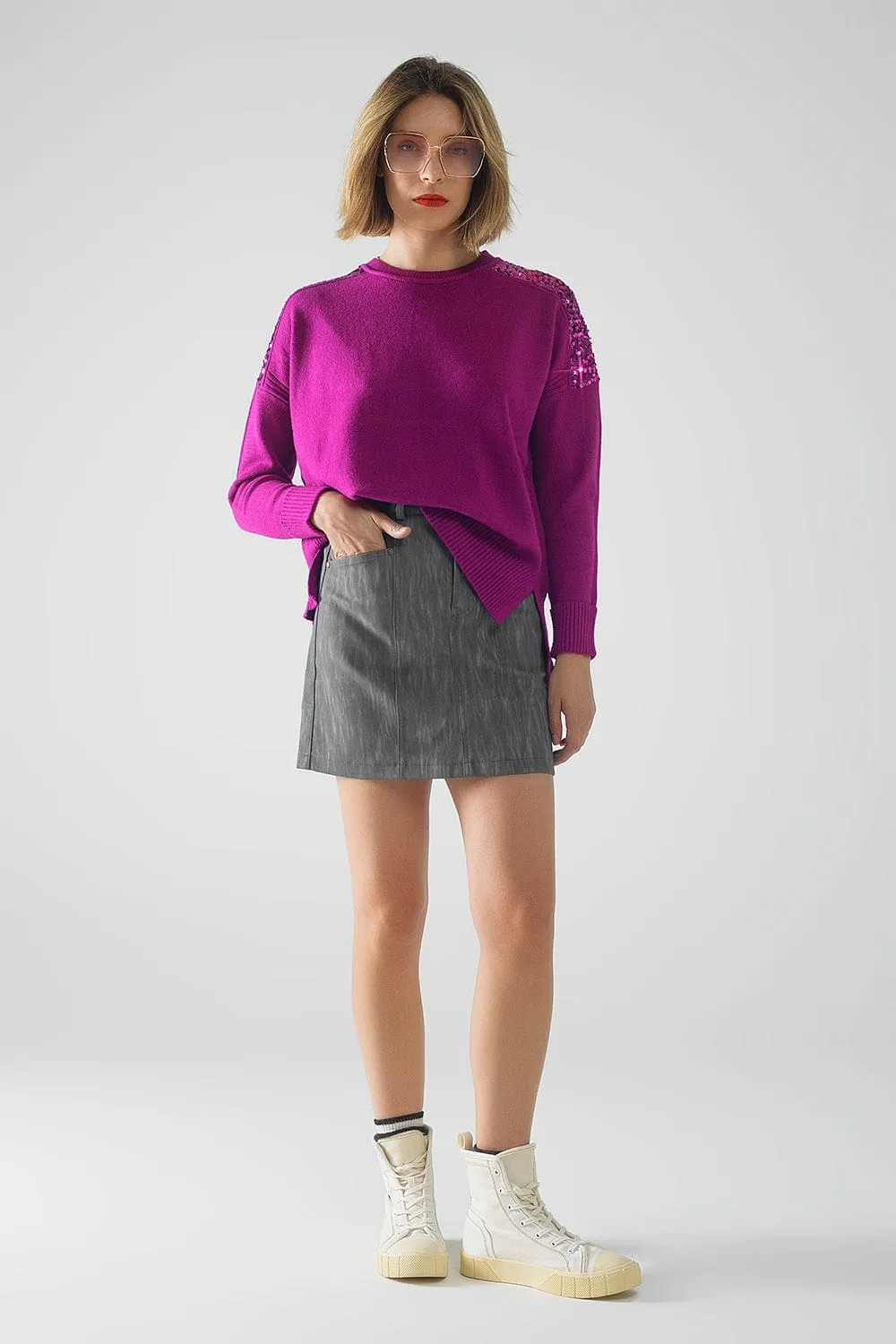 Leatherette Straight Mini Skirt In Grey With Pockets