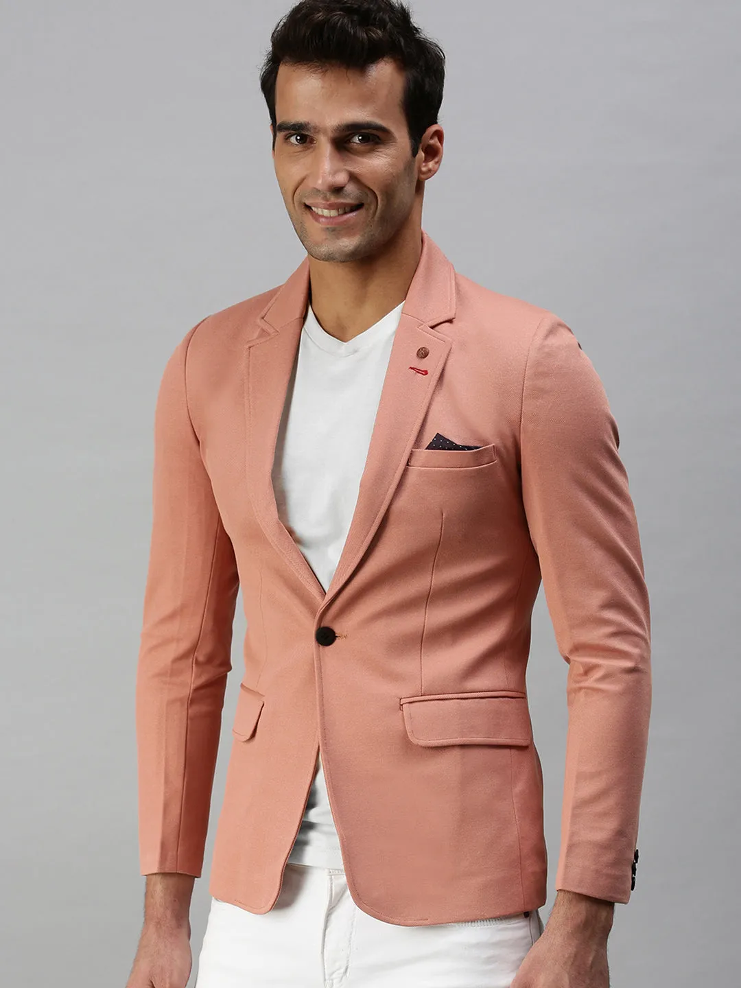 Men Pink Solid Slim Fit Single Breasted Casual Blazers