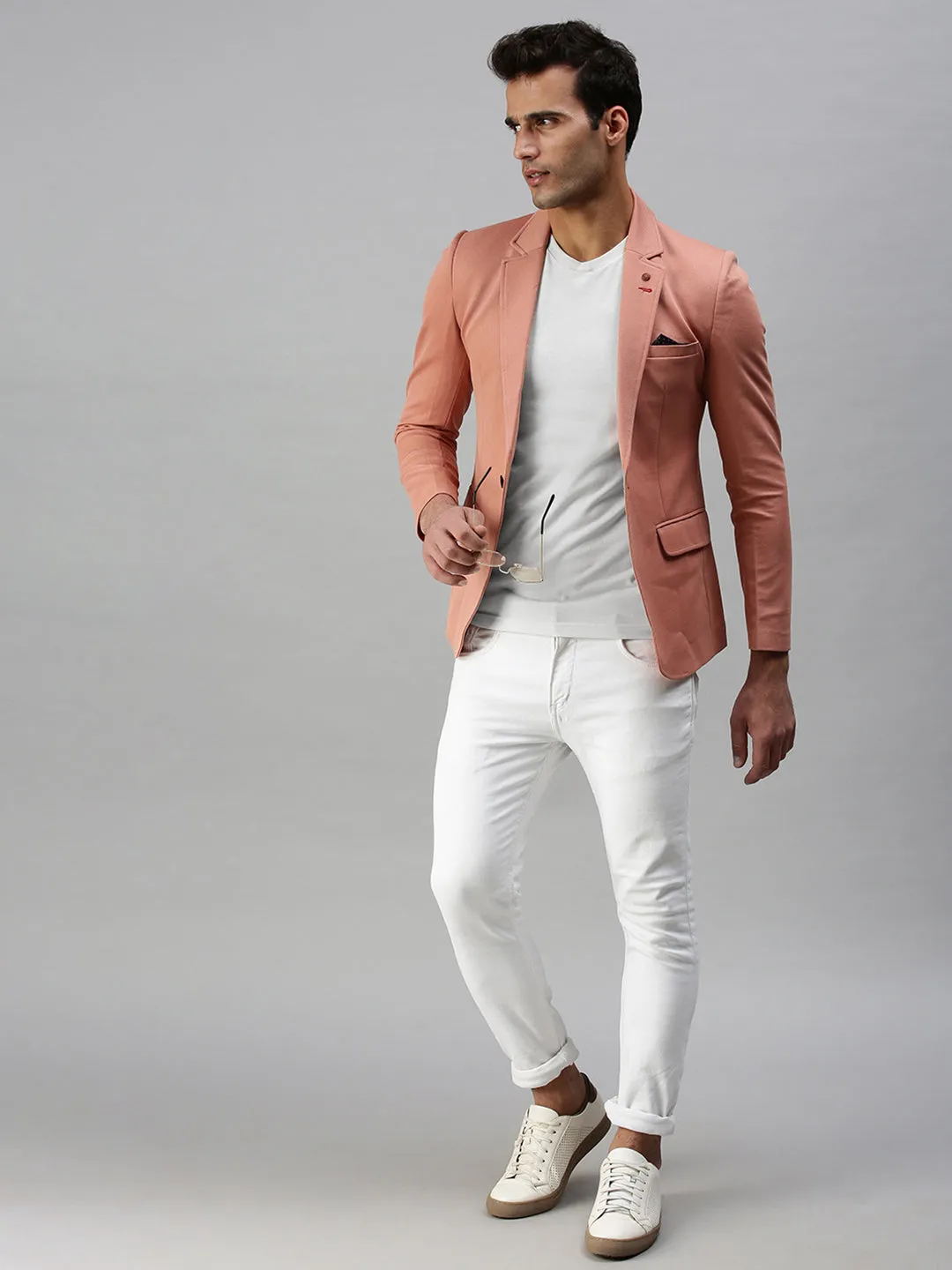 Men Pink Solid Slim Fit Single Breasted Casual Blazers