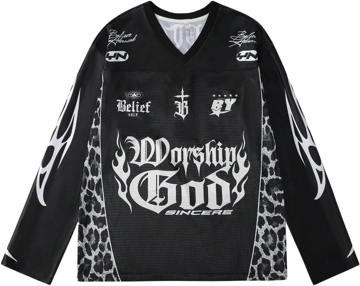 Men's Jersey Shirts Leopard Print Tee Drop Shoulder Long Sleeve Oversized T Shirt Graphic V Neck Tee Tops Streetwear