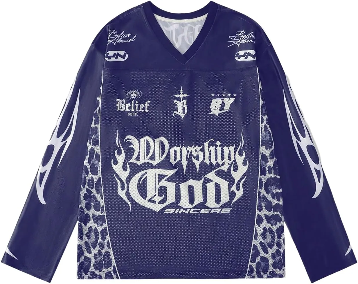 Men's Jersey Shirts Leopard Print Tee Drop Shoulder Long Sleeve Oversized T Shirt Graphic V Neck Tee Tops Streetwear