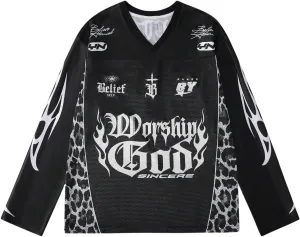 Men's Jersey Shirts Leopard Print Tee Drop Shoulder Long Sleeve Oversized T Shirt Graphic V Neck Tee Tops Streetwear